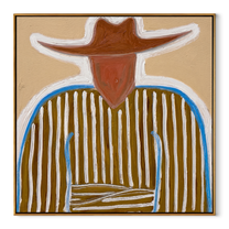Blue Edge Traces Brown Stripes - Blue Trim Cowboy Portrait painting by Adrian Lee, mid-century modern square wall art – wood frame on white background