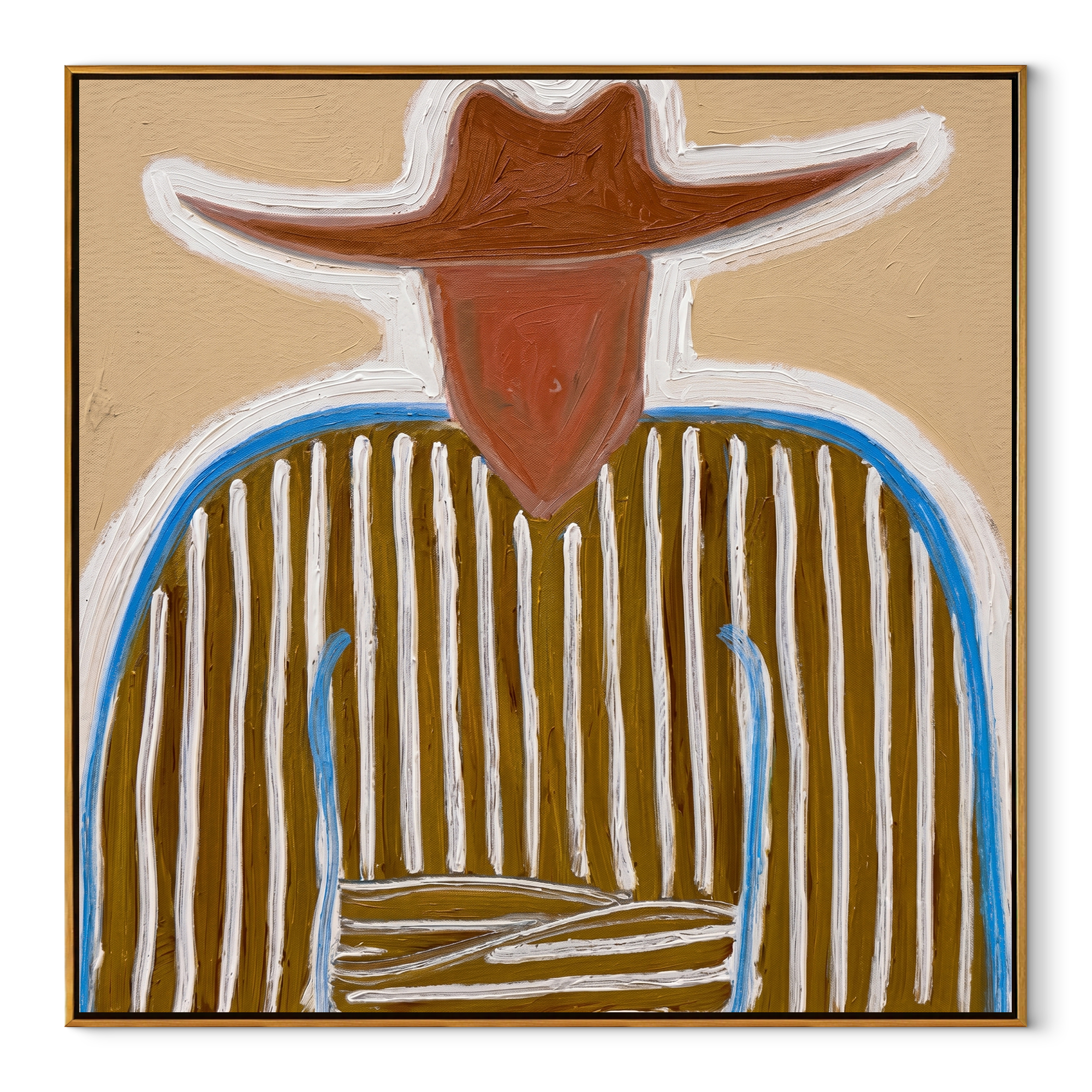 Blue Edge Traces Brown Stripes - Blue Trim Cowboy Portrait painting by Adrian Lee, mid-century modern square wall art – wood frame on white background