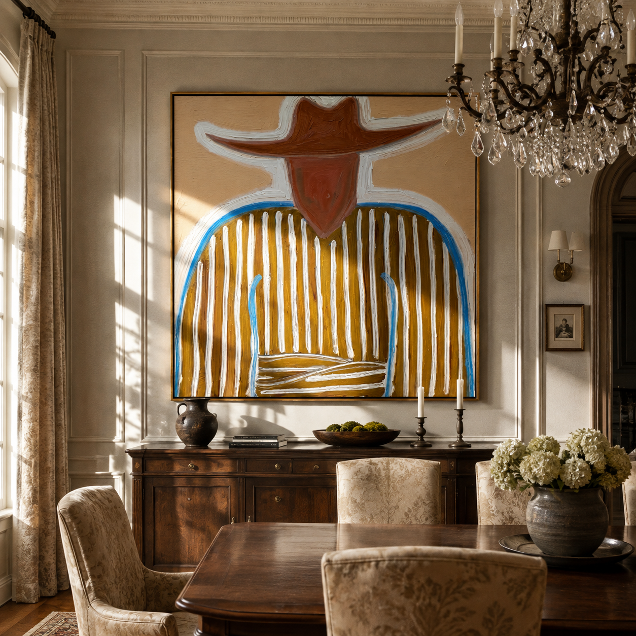 Blue Edge Traces Brown Stripes - Blue Trim Cowboy Portrait painting by Adrian Lee, mid-century modern square wall art – styled room scene view 2
