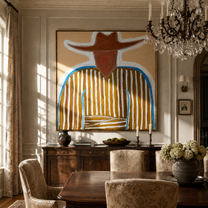 Blue Edge Traces Brown Stripes - Blue Trim Cowboy Portrait painting by Adrian Lee, mid-century modern square wall art – styled room scene view 2
