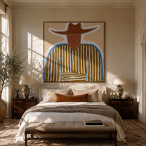 Blue Edge Traces Brown Stripes - Blue Trim Cowboy Portrait painting by Adrian Lee, mid-century modern square wall art – styled room scene view 3
