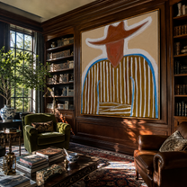 Blue Edge Traces Brown Stripes - Blue Trim Cowboy Portrait painting by Adrian Lee, mid-century modern square wall art – styled room scene view 4