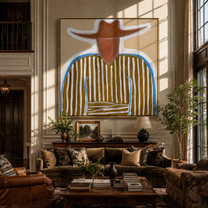 Blue Edge Traces Brown Stripes - Blue Trim Cowboy Portrait painting by Adrian Lee, mid-century modern square wall art – styled room scene view 5