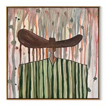 Green Stripes Stand in Rain - Green Stripe Wide Hat Figure painting by Adrian Lee, mid-century modern square wall art – wood frame on white background