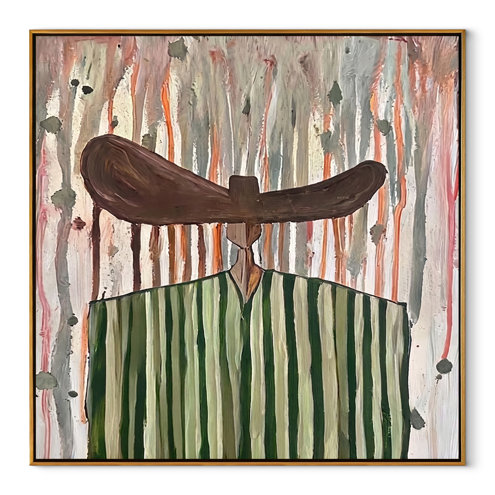 Green Stripes Stand in Rain - Green Stripe Wide Hat Figure painting by Adrian Lee, mid-century modern square wall art – wood frame on white background