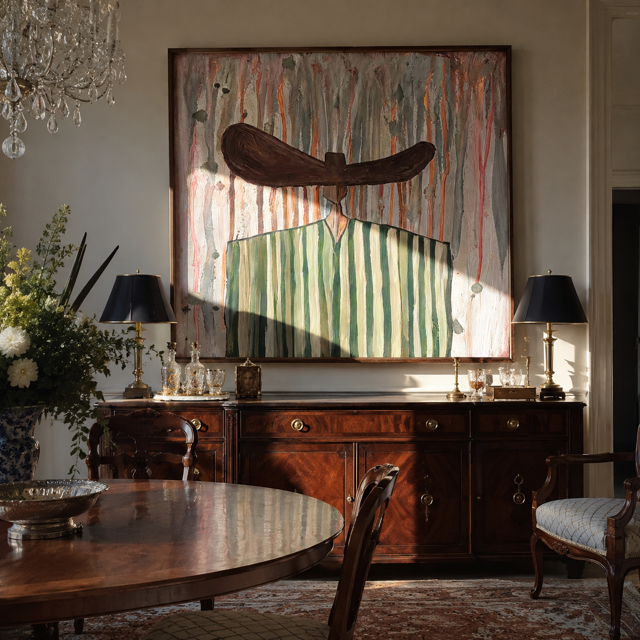 Green Stripes Stand in Rain - Green Stripe Wide Hat Figure painting by Adrian Lee, mid-century modern square wall art – styled room scene view 2