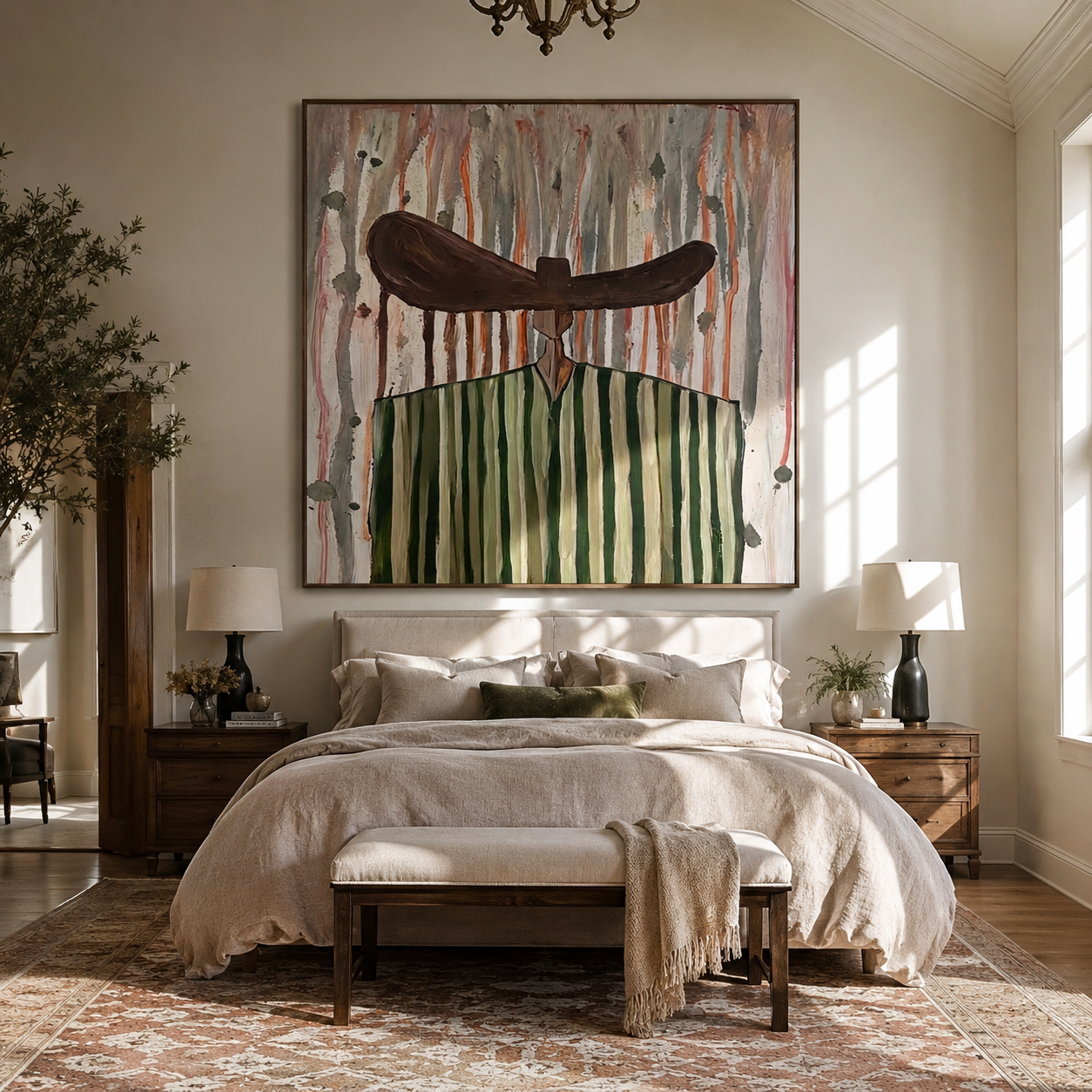 Green Stripes Stand in Rain - Green Stripe Wide Hat Figure painting by Adrian Lee, mid-century modern square wall art – styled room scene view 3