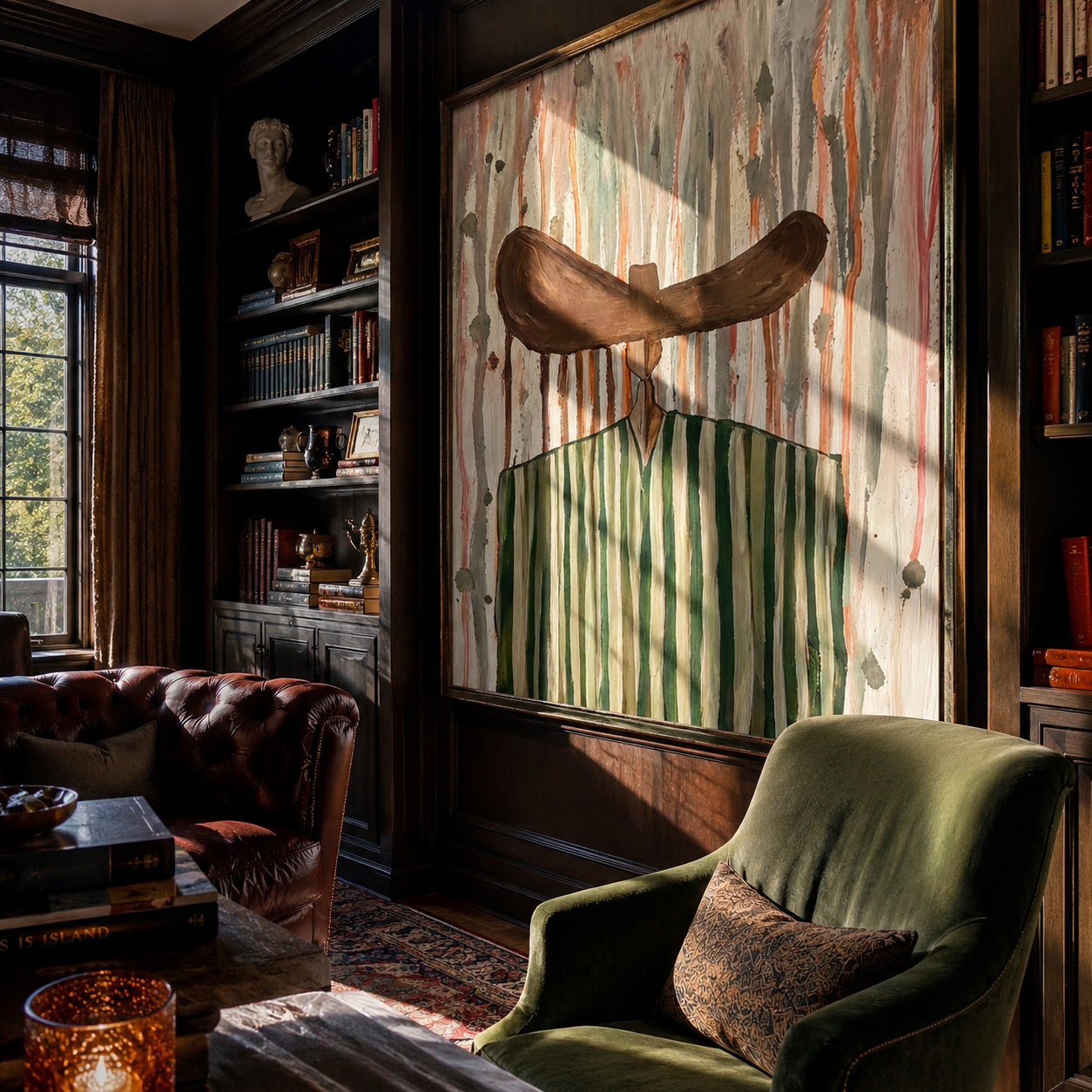 Green Stripes Stand in Rain - Green Stripe Wide Hat Figure painting by Adrian Lee, mid-century modern square wall art – styled room scene view 4