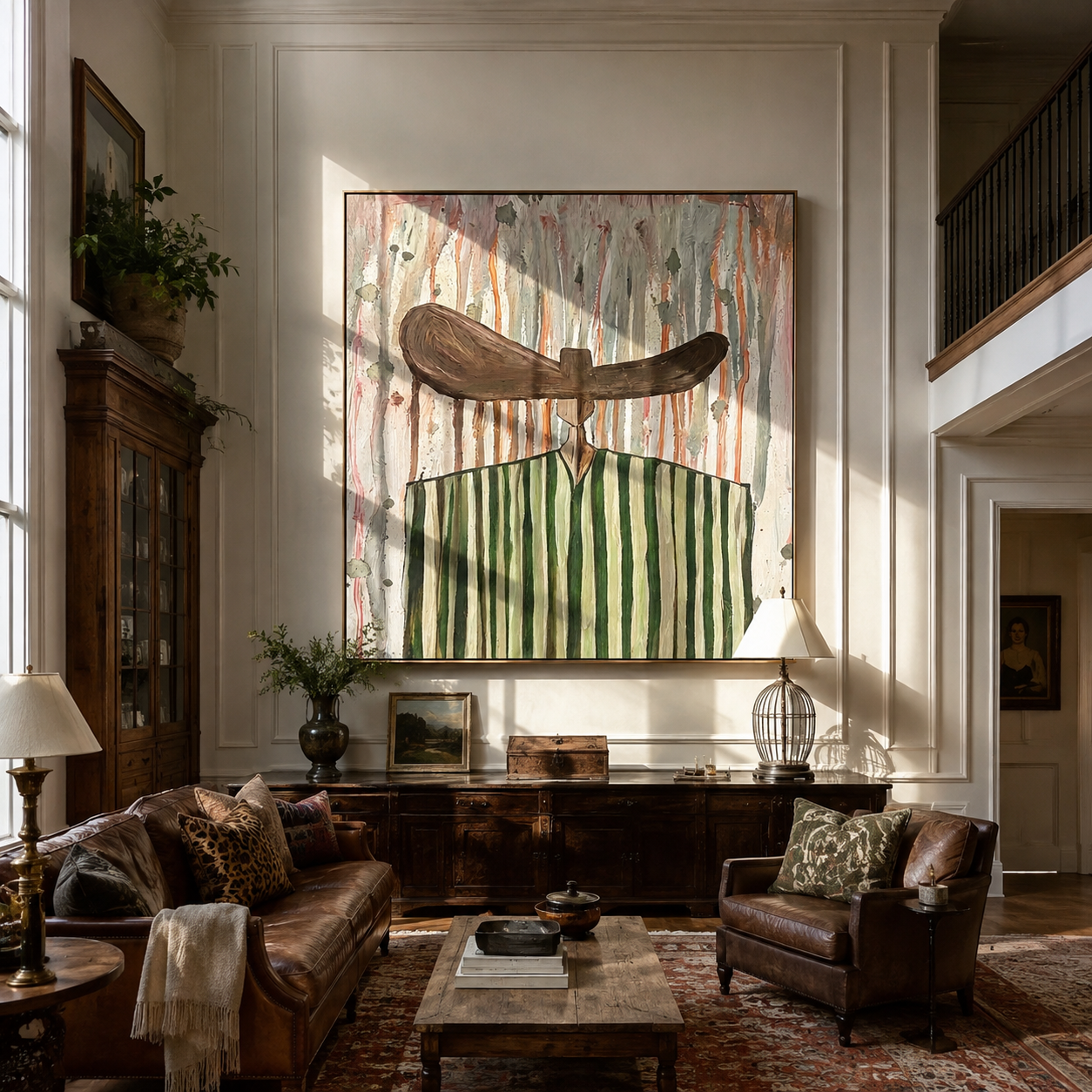 Green Stripes Stand in Rain - Green Stripe Wide Hat Figure painting by Adrian Lee, mid-century modern square wall art – styled room scene view 5