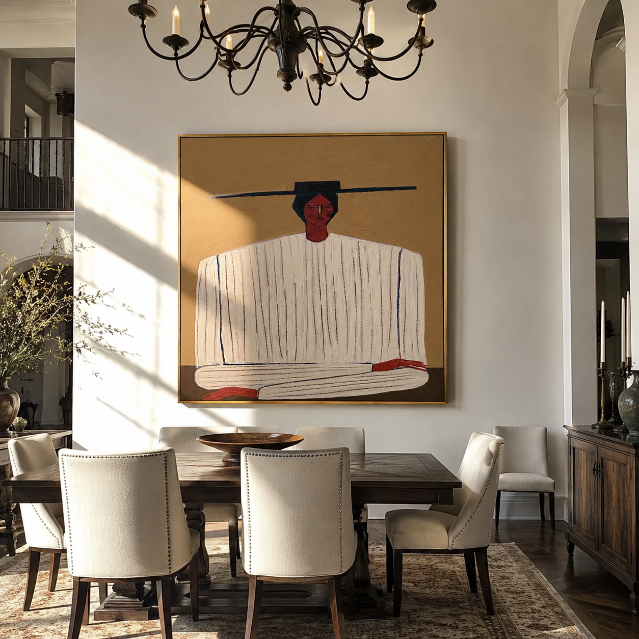 Ivory Stripes Fold on Ochre - Ivory Stripe Seated Portrait painting by Adrian Lee, mid-century modern square wall art – styled room scene view 1