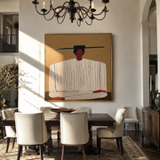 Ivory Stripes Fold on Ochre - Ivory Stripe Seated Portrait painting by Adrian Lee, mid-century modern square wall art – styled room scene view 1