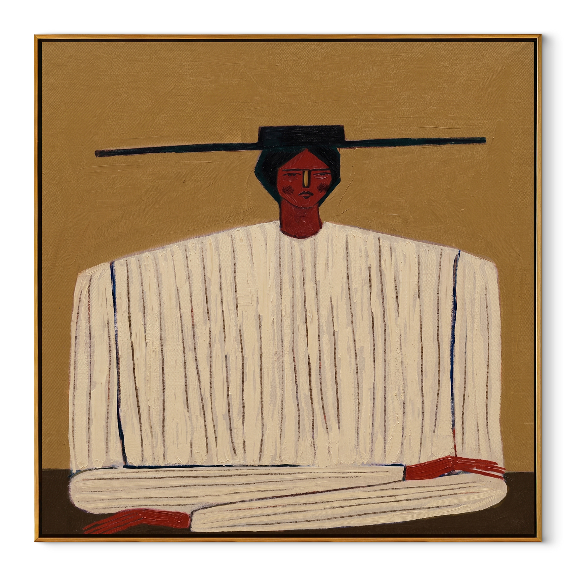 Ivory Stripes Fold on Ochre - Ivory Stripe Seated Portrait painting by Adrian Lee, mid-century modern square wall art – wood frame on white background
