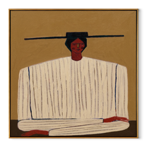 Ivory Stripes Fold on Ochre - Ivory Stripe Seated Portrait painting by Adrian Lee, mid-century modern square wall art – wood frame on white background