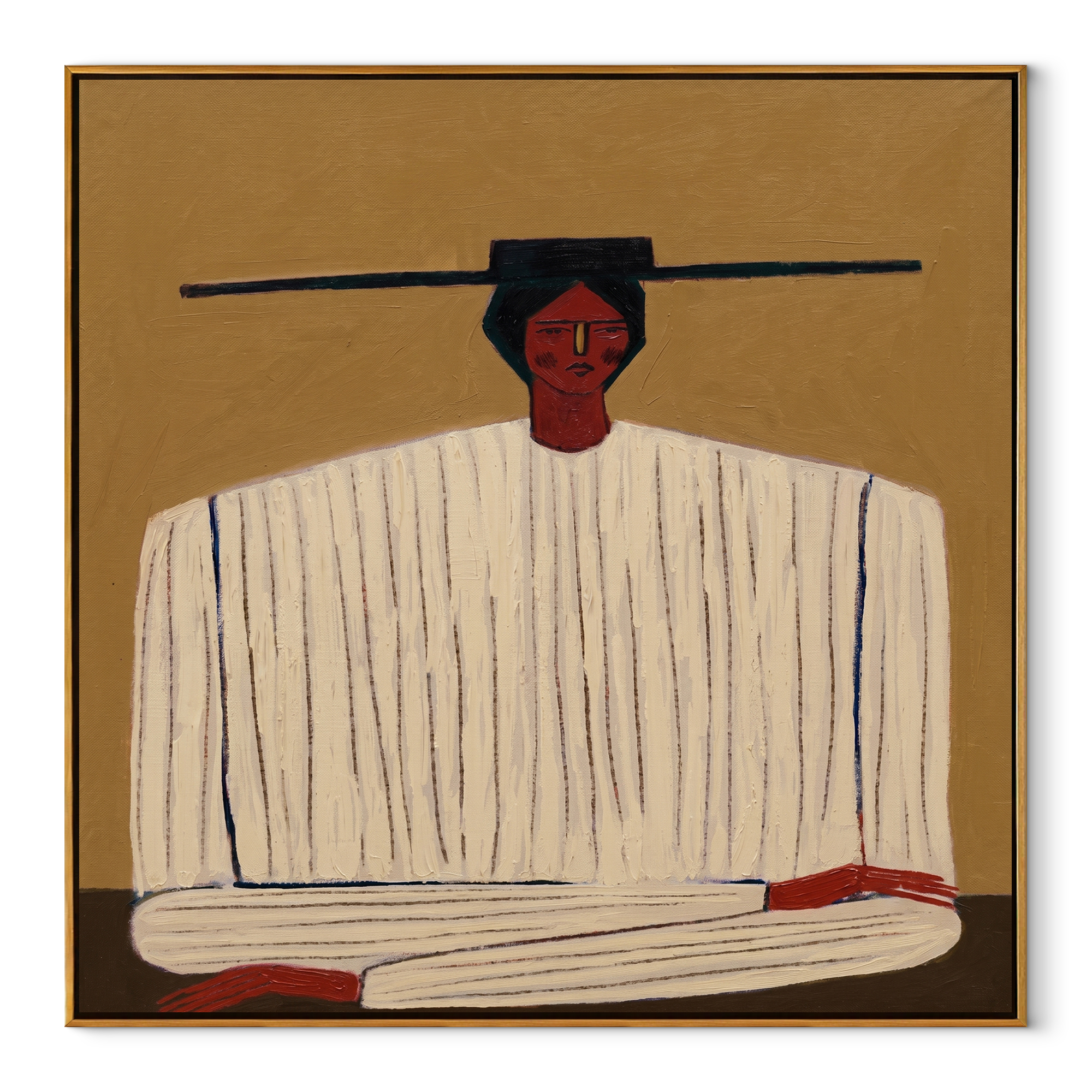 Ivory Stripes Fold on Ochre - Ivory Stripe Seated Portrait painting by Adrian Lee, mid-century modern square wall art – wood frame on white background
