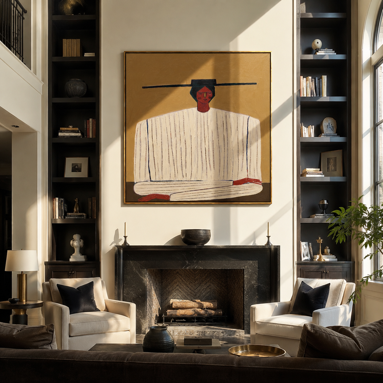 Ivory Stripes Fold on Ochre - Ivory Stripe Seated Portrait painting by Adrian Lee, mid-century modern square wall art – styled room scene view 2