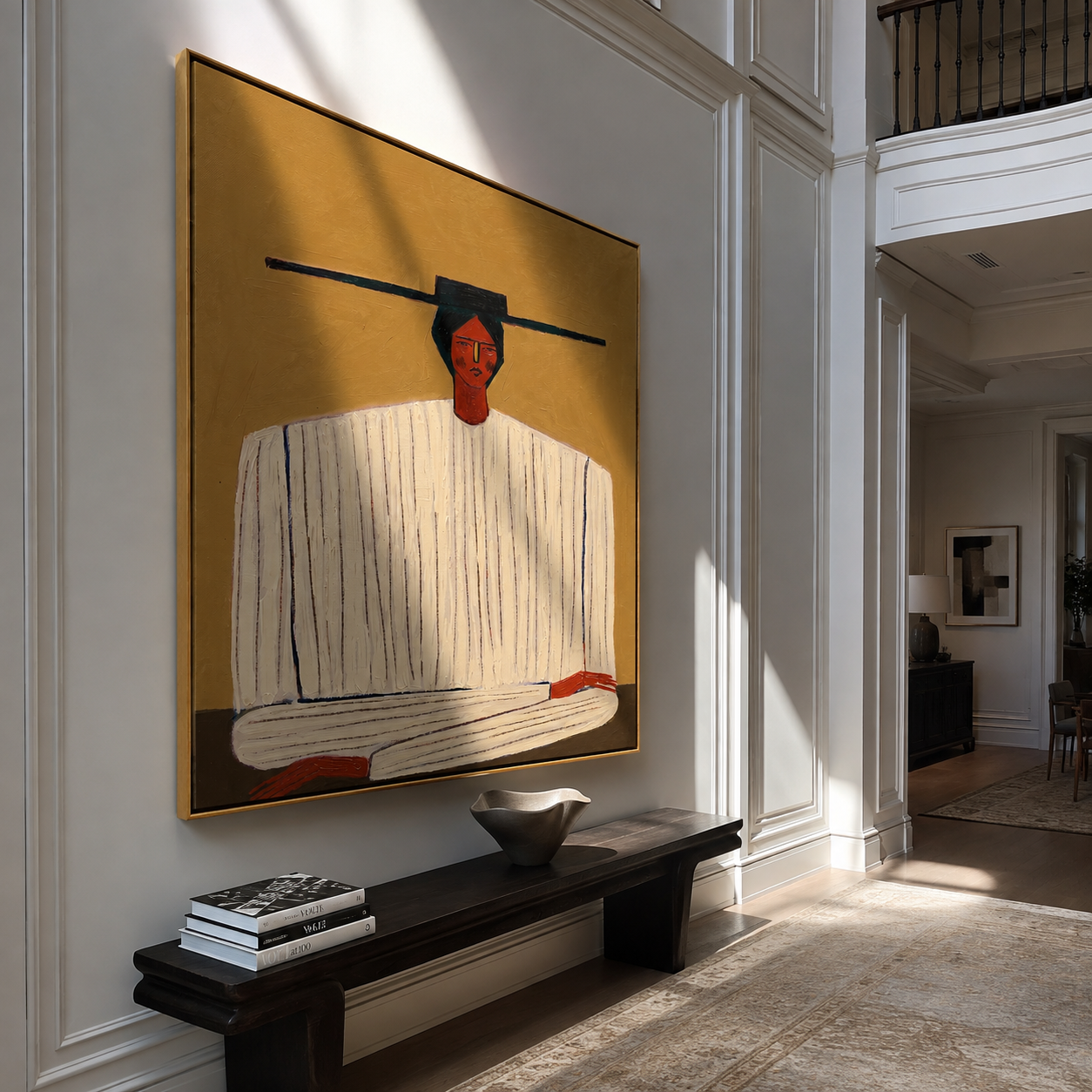 Ivory Stripes Fold on Ochre - Ivory Stripe Seated Portrait painting by Adrian Lee, mid-century modern square wall art – styled room scene view 3
