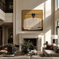 Ivory Stripes Fold on Ochre - Ivory Stripe Seated Portrait painting by Adrian Lee, mid-century modern square wall art – styled room scene view 4
