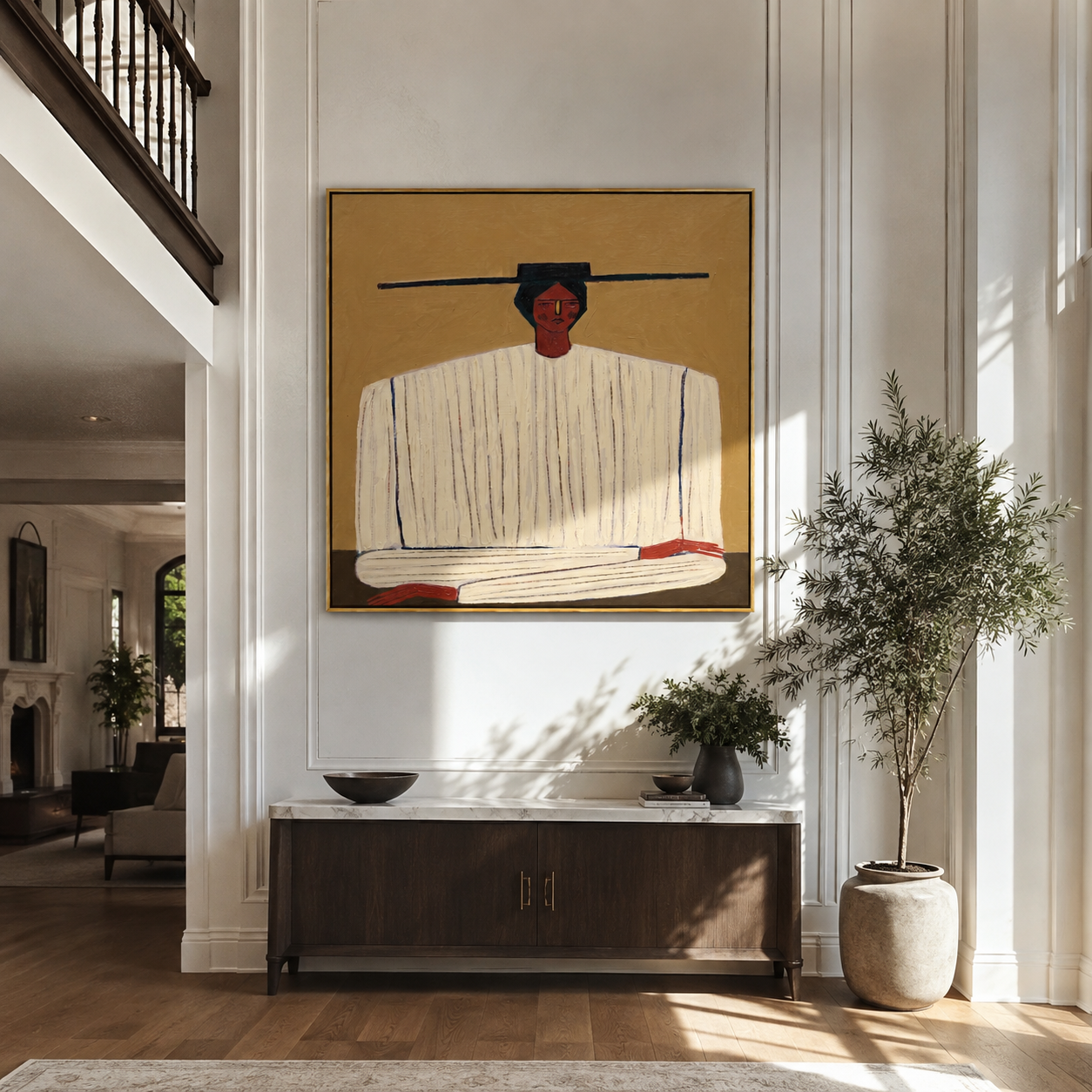 Ivory Stripes Fold on Ochre - Ivory Stripe Seated Portrait painting by Adrian Lee, mid-century modern square wall art – styled room scene view 5