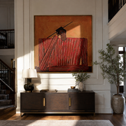 Scarlet Checks Hold a Thought - Red Checkered Seated Figure painting by Adrian Lee, mid-century modern square wall art – styled room scene view 1