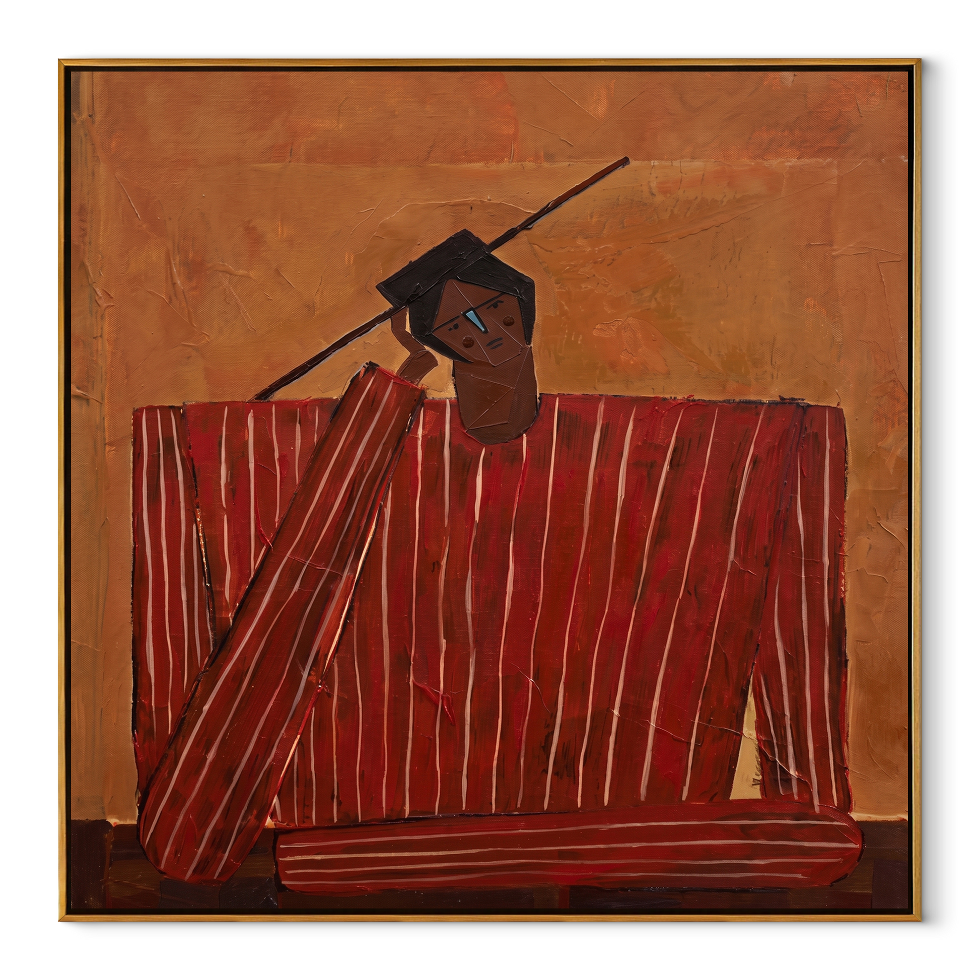 Scarlet Checks Hold a Thought - Red Checkered Seated Figure painting by Adrian Lee, mid-century modern square wall art – wood frame on white background