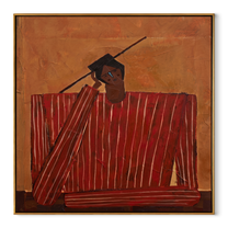 Scarlet Checks Hold a Thought - Red Checkered Seated Figure painting by Adrian Lee, mid-century modern square wall art – wood frame on white background