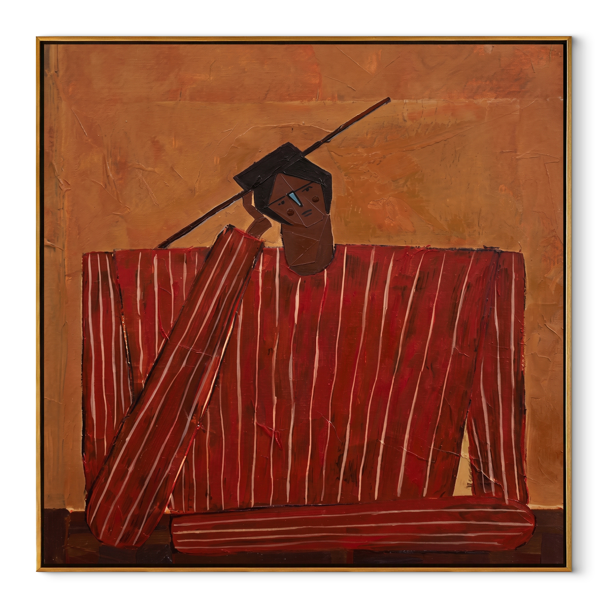 Scarlet Checks Hold a Thought - Red Checkered Seated Figure painting by Adrian Lee, mid-century modern square wall art – wood frame on white background