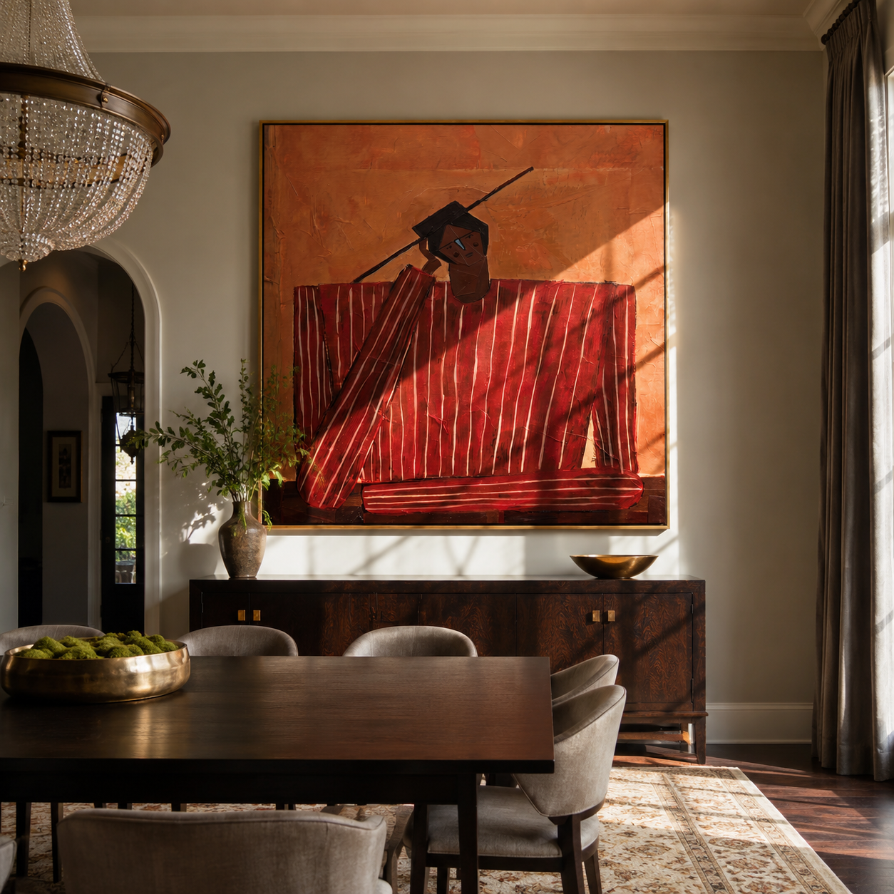 Scarlet Checks Hold a Thought - Red Checkered Seated Figure painting by Adrian Lee, mid-century modern square wall art – styled room scene view 2