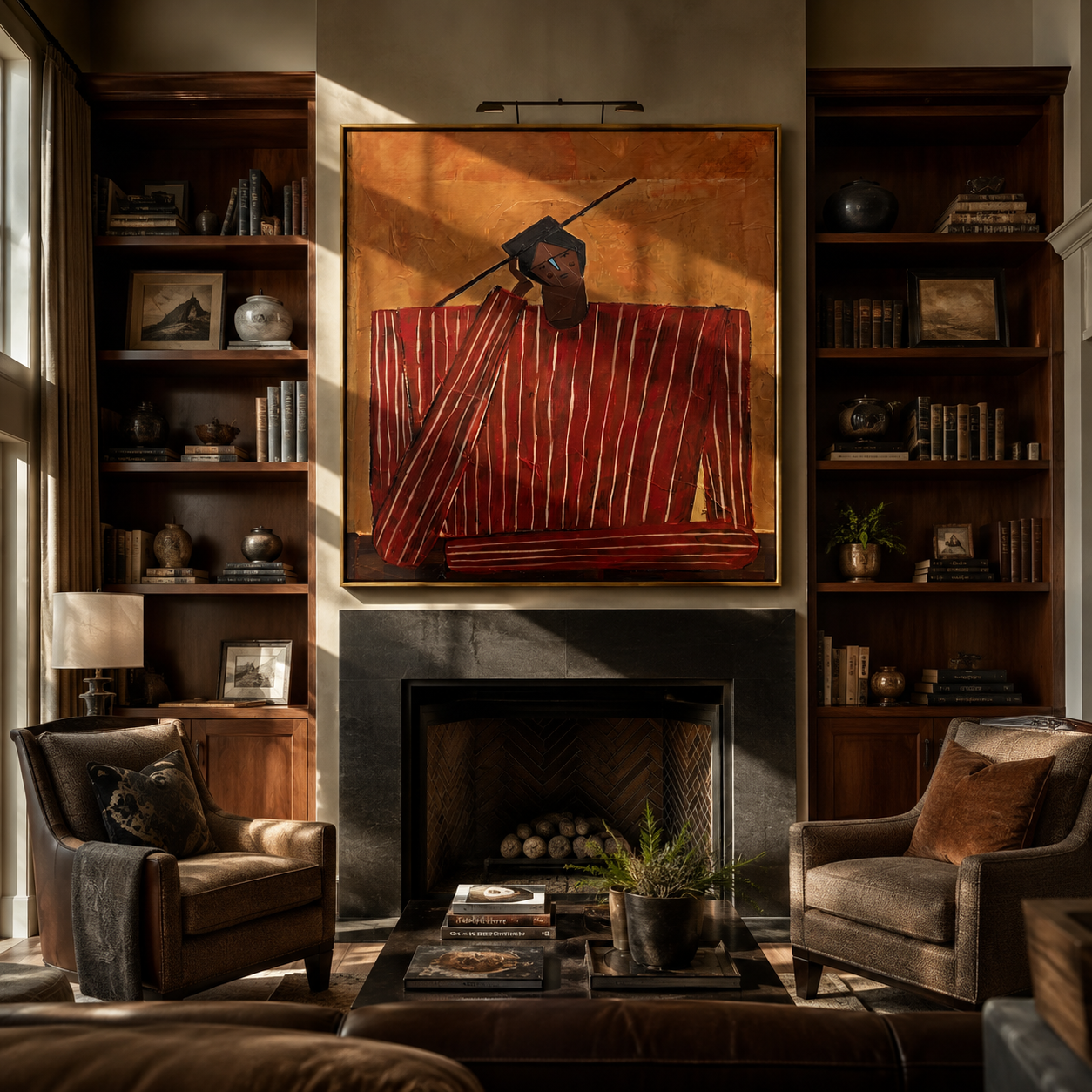 Scarlet Checks Hold a Thought - Red Checkered Seated Figure painting by Adrian Lee, mid-century modern square wall art – styled room scene view 3