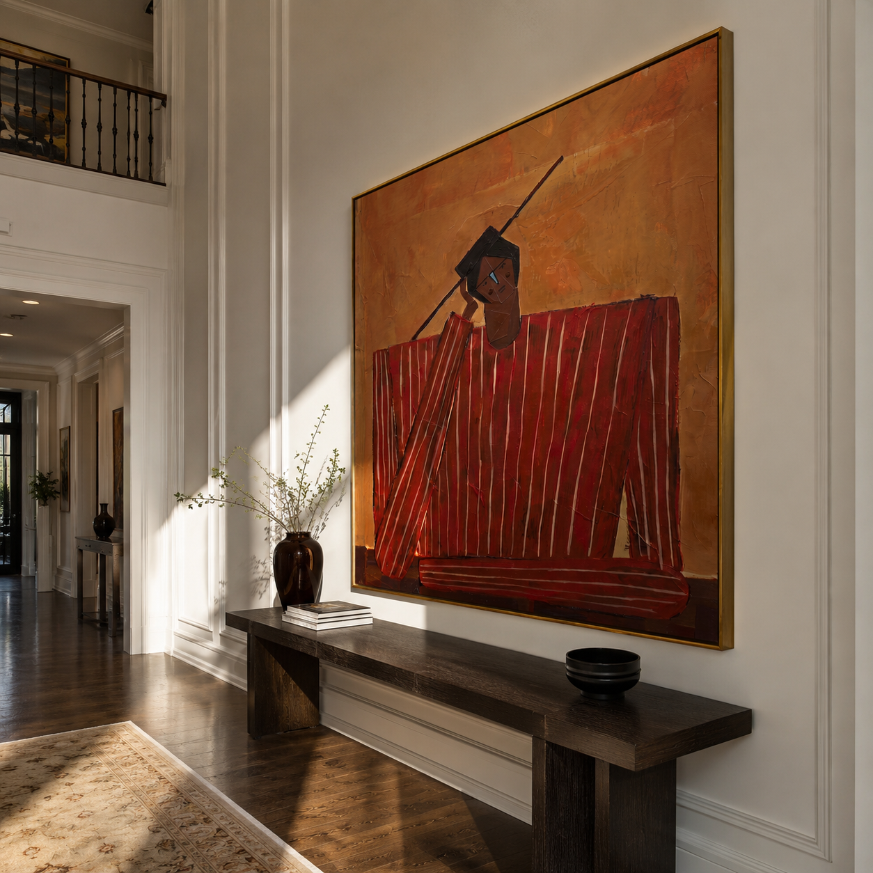 Scarlet Checks Hold a Thought - Red Checkered Seated Figure painting by Adrian Lee, mid-century modern square wall art – styled room scene view 4