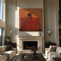 Scarlet Checks Hold a Thought - Red Checkered Seated Figure painting by Adrian Lee, mid-century modern square wall art – styled room scene view 5