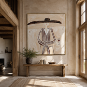 Brown Lines Wait beside Wine - Elegant Stripe Wine Figure painting by Adrian Lee, mid-century modern square wall art – styled room scene view 1