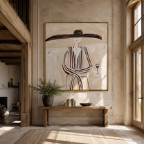 Brown Lines Wait beside Wine - Elegant Stripe Wine Figure painting by Adrian Lee, mid-century modern square wall art – styled room scene view 1