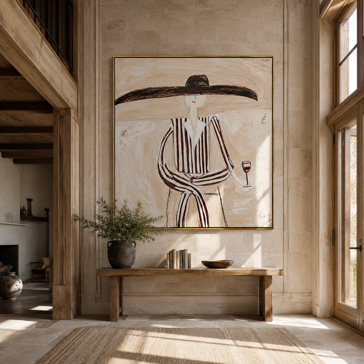 Brown Lines Wait beside Wine - Elegant Stripe Wine Figure painting by Adrian Lee, mid-century modern square wall art – styled room scene view 1