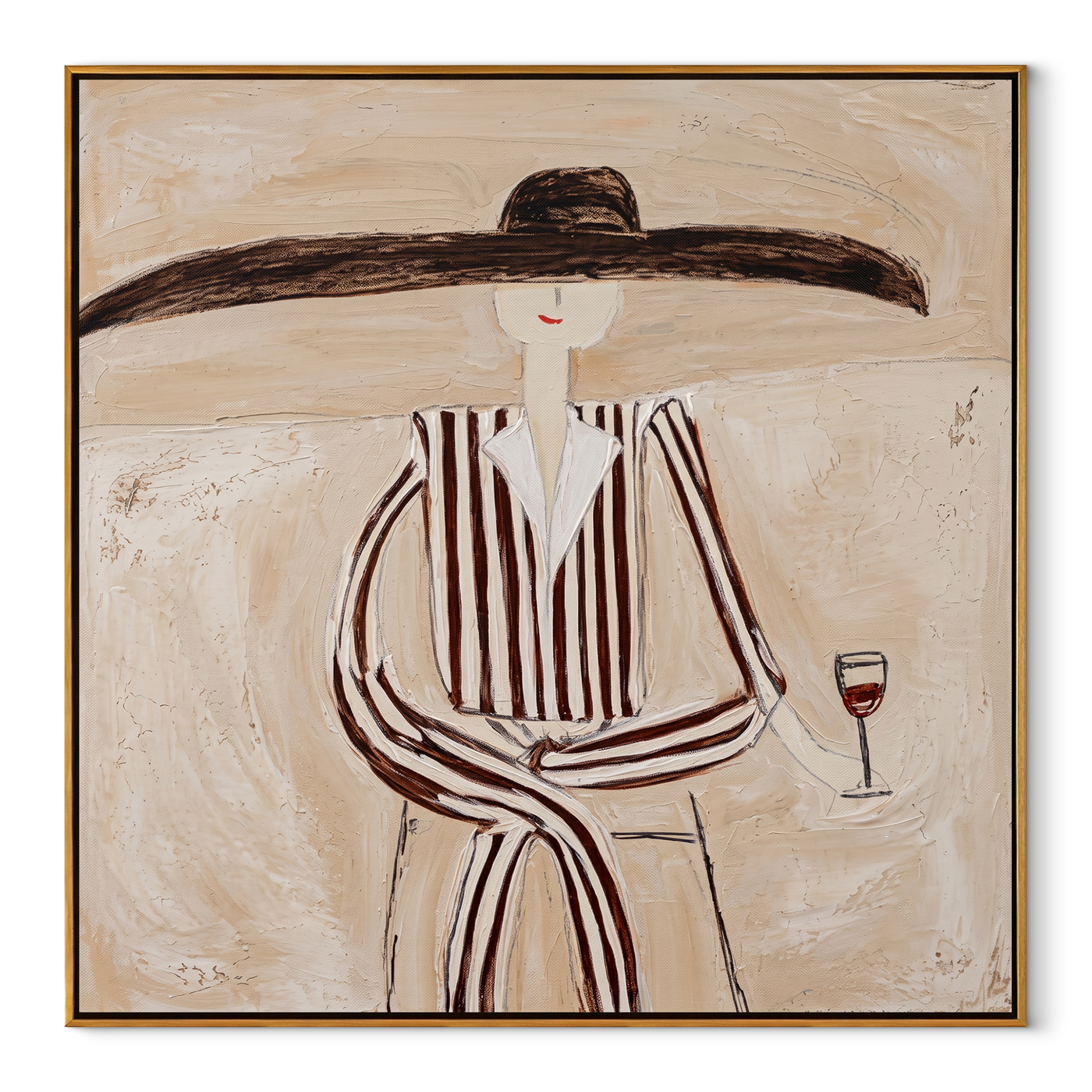 Brown Lines Wait beside Wine - Elegant Stripe Wine Figure painting by Adrian Lee, mid-century modern square wall art – wood frame on white background