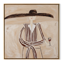 Brown Lines Wait beside Wine - Elegant Stripe Wine Figure painting by Adrian Lee, mid-century modern square wall art – wood frame on white background
