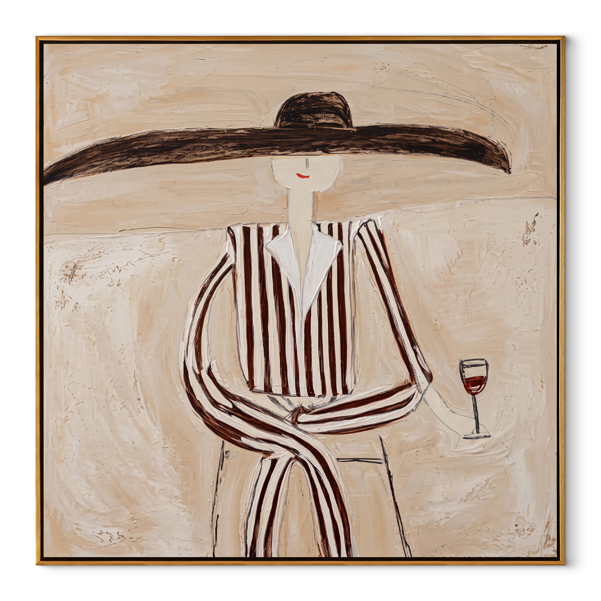 Brown Lines Wait beside Wine - Elegant Stripe Wine Figure painting by Adrian Lee, mid-century modern square wall art – wood frame on white background