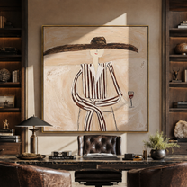 Brown Lines Wait beside Wine - Elegant Stripe Wine Figure painting by Adrian Lee, mid-century modern square wall art – styled room scene view 2