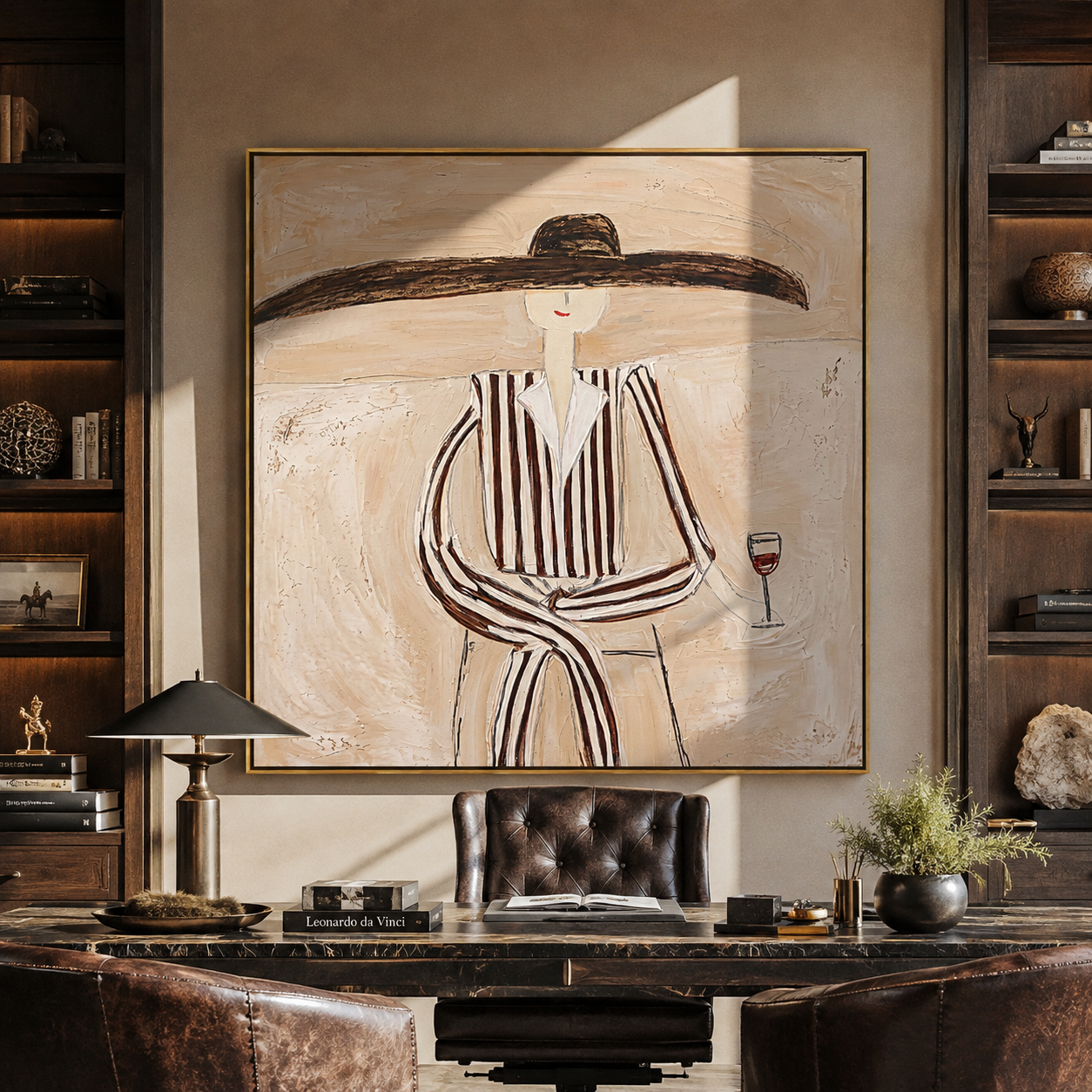 Brown Lines Wait beside Wine - Elegant Stripe Wine Figure painting by Adrian Lee, mid-century modern square wall art – styled room scene view 2