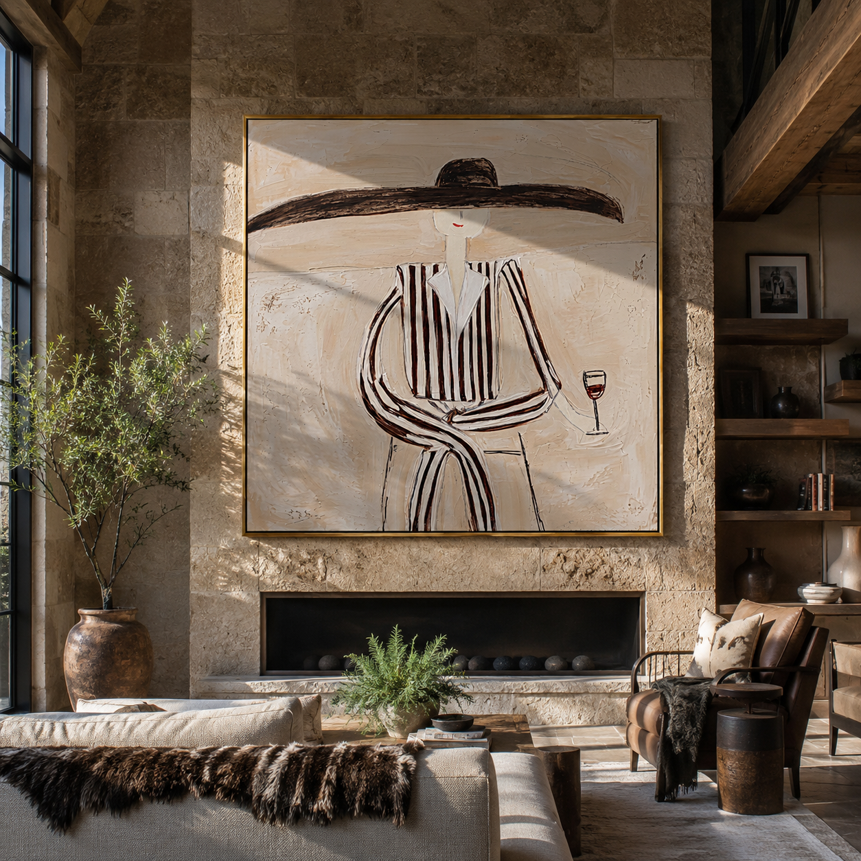 Brown Lines Wait beside Wine - Elegant Stripe Wine Figure painting by Adrian Lee, mid-century modern square wall art – styled room scene view 3