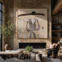 Brown Lines Wait beside Wine - Elegant Stripe Wine Figure painting by Adrian Lee, mid-century modern square wall art – styled room scene view 3