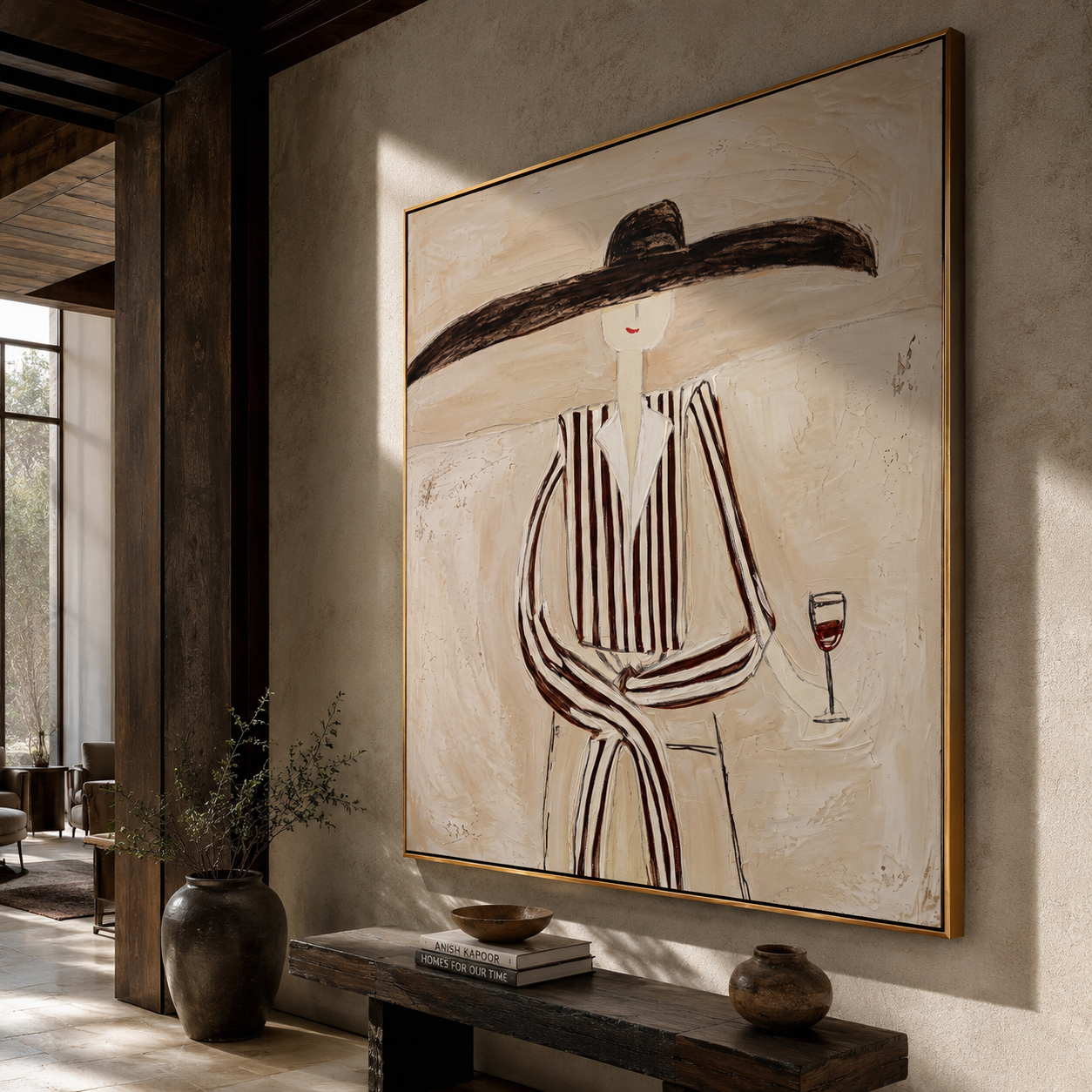 Brown Lines Wait beside Wine - Elegant Stripe Wine Figure painting by Adrian Lee, mid-century modern square wall art – styled room scene view 4