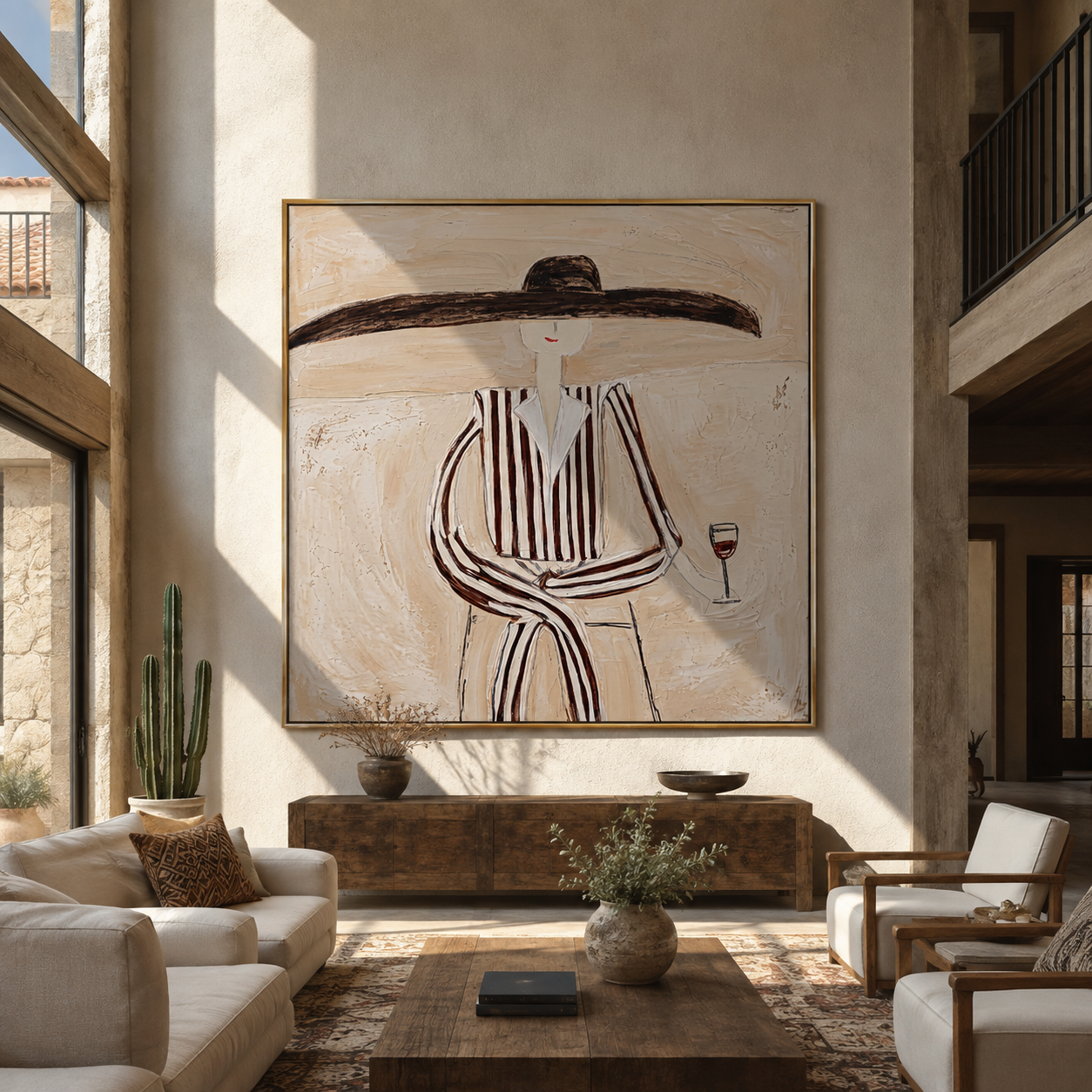 Brown Lines Wait beside Wine - Elegant Stripe Wine Figure painting by Adrian Lee, mid-century modern square wall art – styled room scene view 5