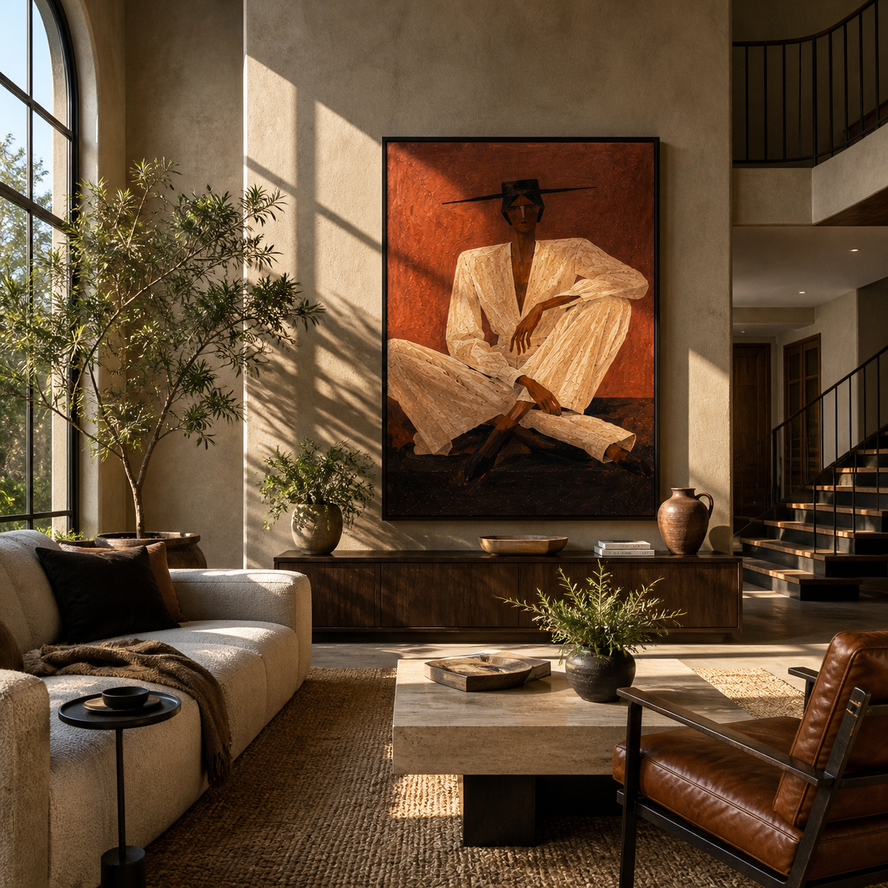 Ivory Suit Crosses Rust - Seated Ivory Suit Figure painting by Adrian Lee, mid-century modern vertical wall art – styled room scene view 1