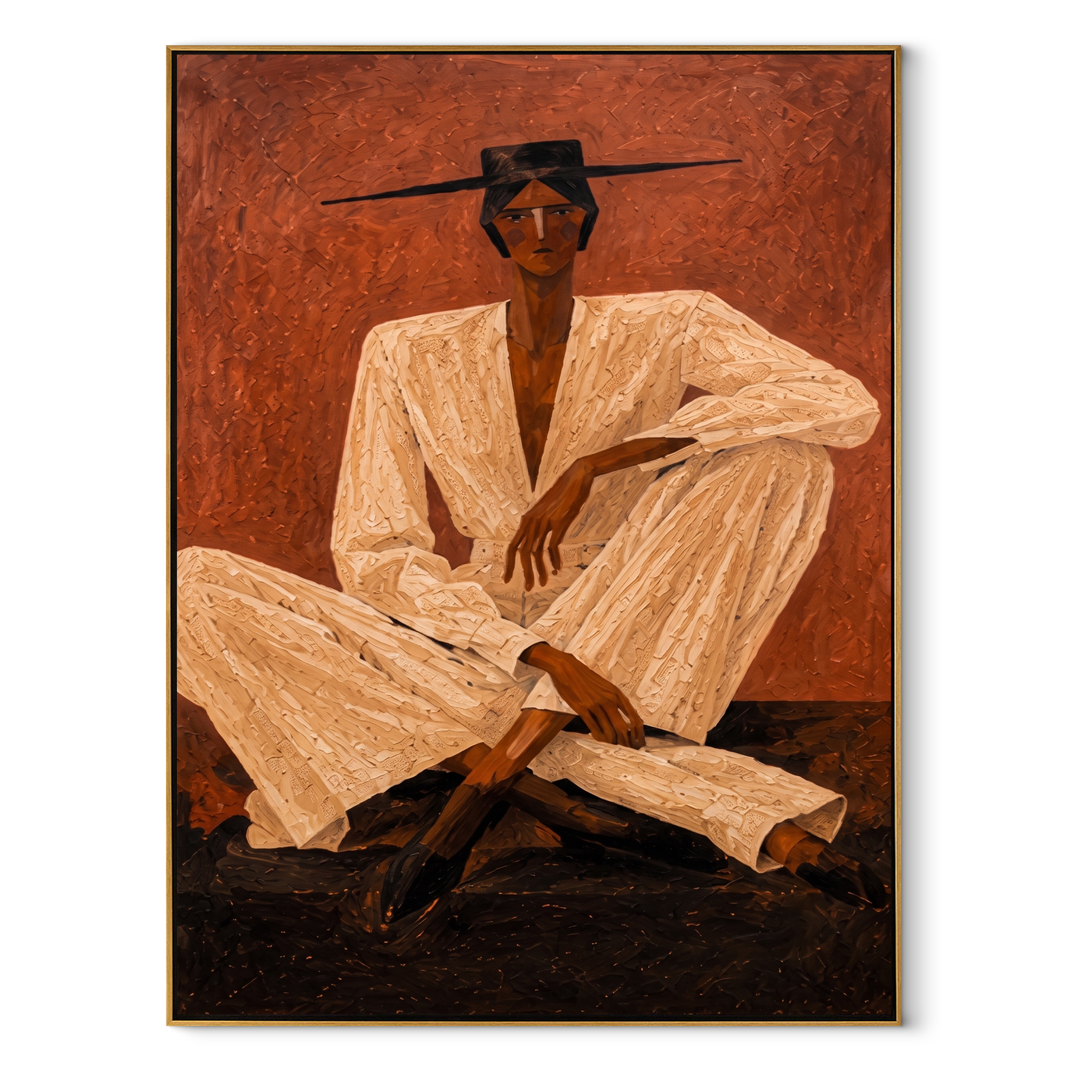 Ivory Suit Crosses Rust - Seated Ivory Suit Figure painting by Adrian Lee, mid-century modern vertical wall art – wood frame on white background