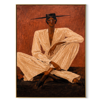 Ivory Suit Crosses Rust - Seated Ivory Suit Figure painting by Adrian Lee, mid-century modern vertical wall art – wood frame on white background
