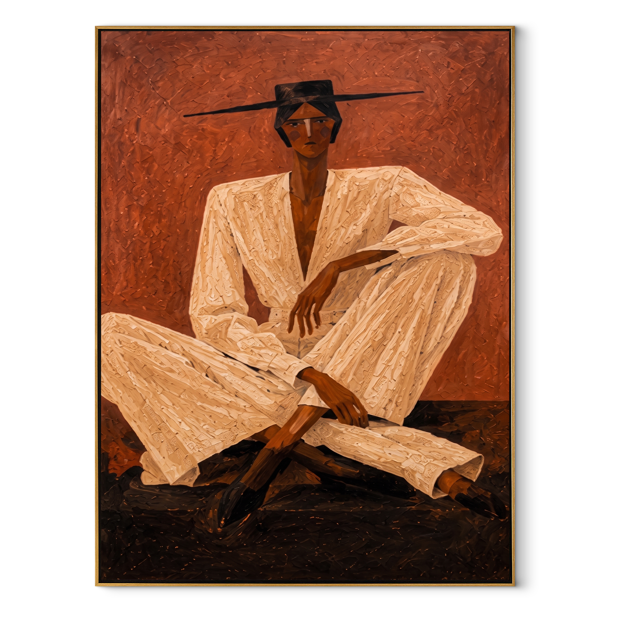 Ivory Suit Crosses Rust - Seated Ivory Suit Figure painting by Adrian Lee, mid-century modern vertical wall art – wood frame on white background