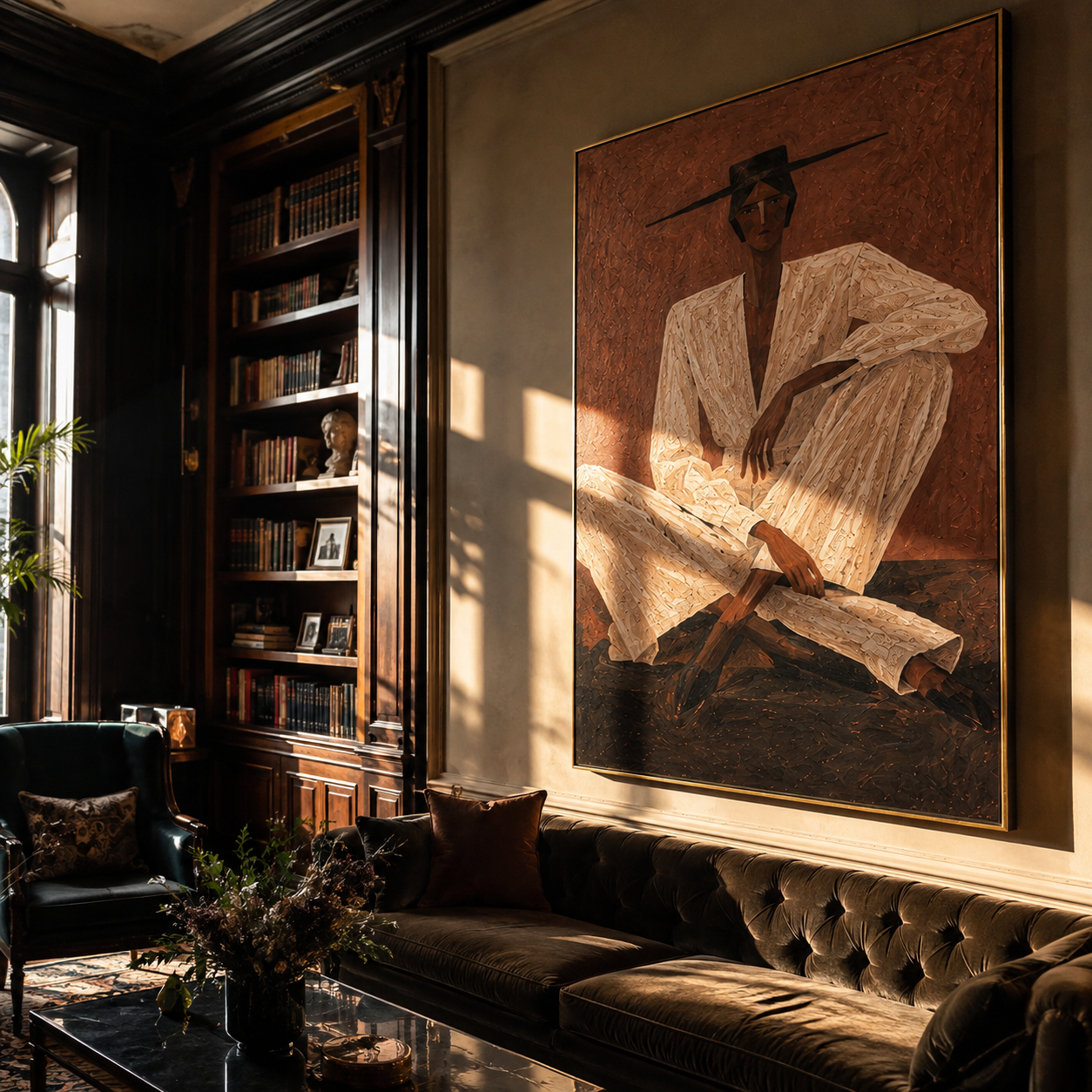 Ivory Suit Crosses Rust - Seated Ivory Suit Figure painting by Adrian Lee, mid-century modern vertical wall art – styled room scene view 2