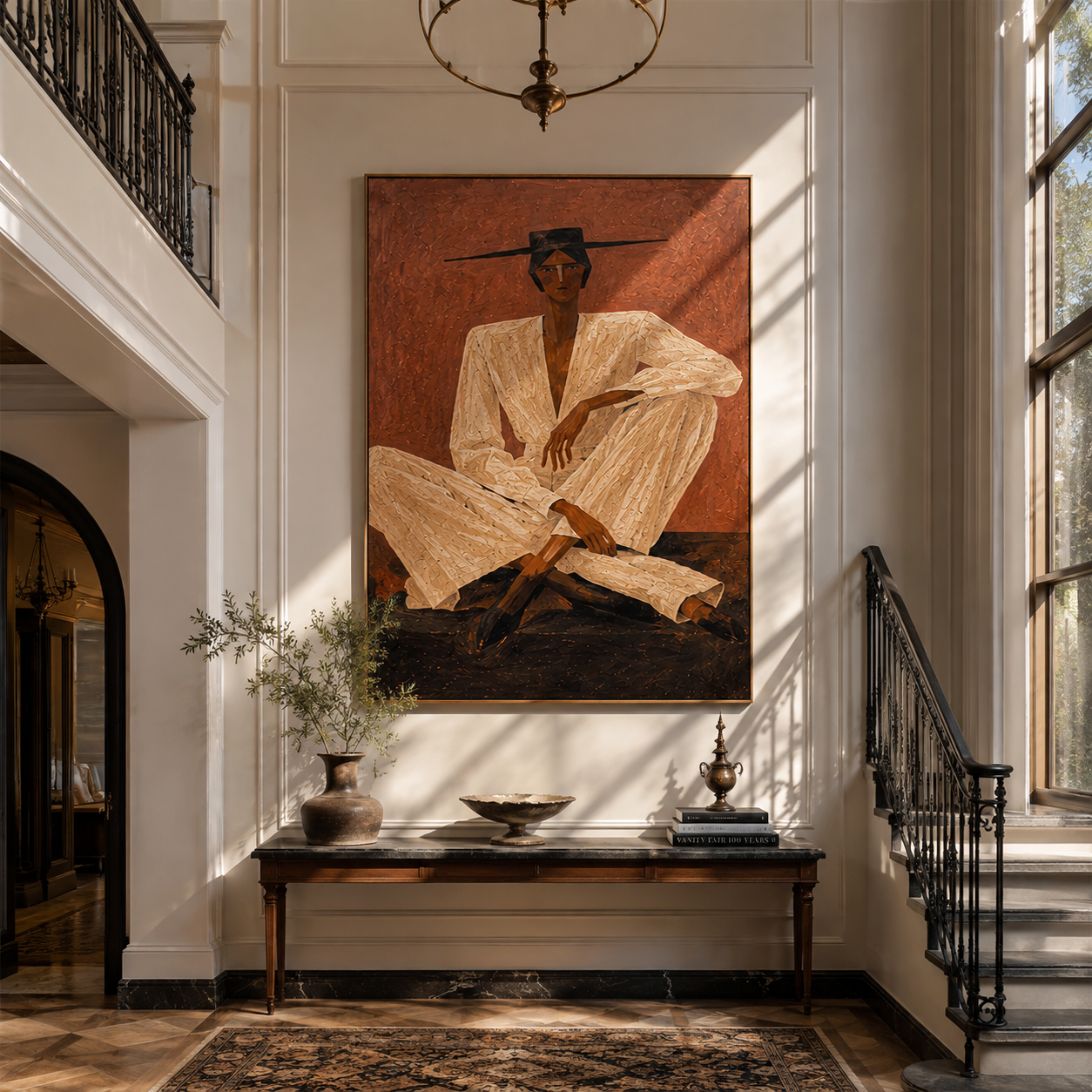 Ivory Suit Crosses Rust - Seated Ivory Suit Figure painting by Adrian Lee, mid-century modern vertical wall art – styled room scene view 3