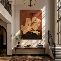 Ivory Suit Crosses Rust - Seated Ivory Suit Figure painting by Adrian Lee, mid-century modern vertical wall art – styled room scene view 3