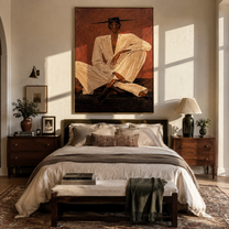 Ivory Suit Crosses Rust - Seated Ivory Suit Figure painting by Adrian Lee, mid-century modern vertical wall art – styled room scene view 4